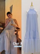 French Elegant Women's Summer Fashion New Sleeveless Strapless Bowknot Blue Long Skirt Kawaii Vest Prom Dress